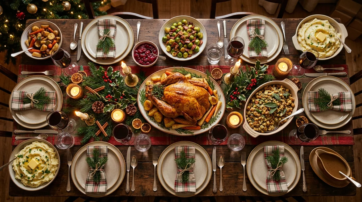 Traditional Christmas feast table with holiday meal and greenery.